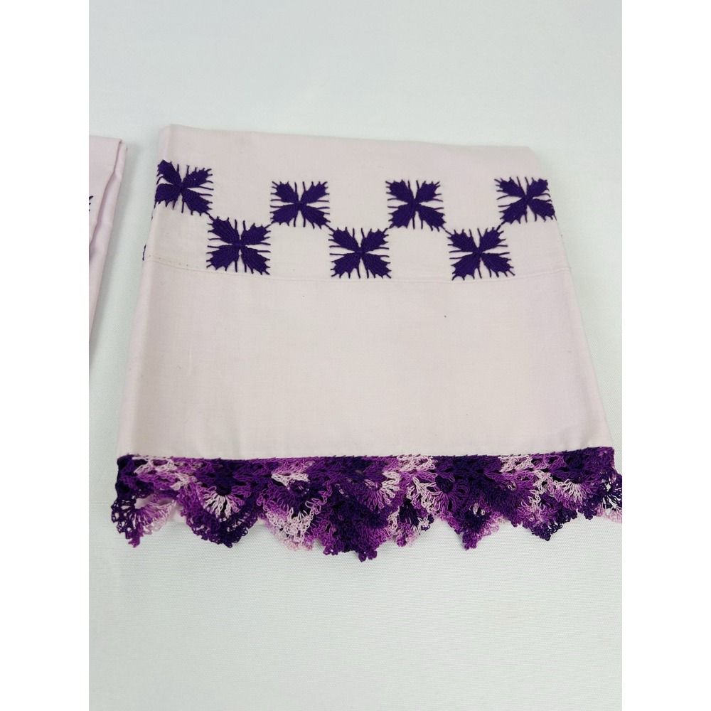 Vintage Cross Stitched Pillowcases Pink w/Purple Stitching 33 x 20